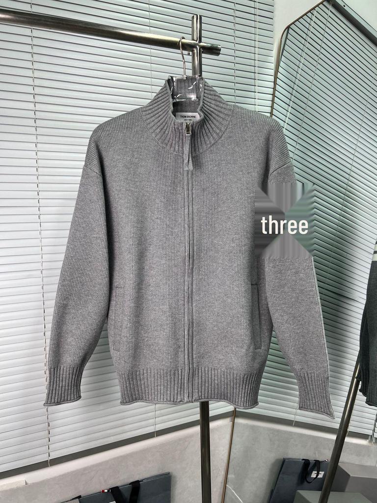 High-Quality Unisex Ribbed Stripe Stand Collar Sweater Jacket, Long-Sleeve, Four-Bar, Spring/Autumn.