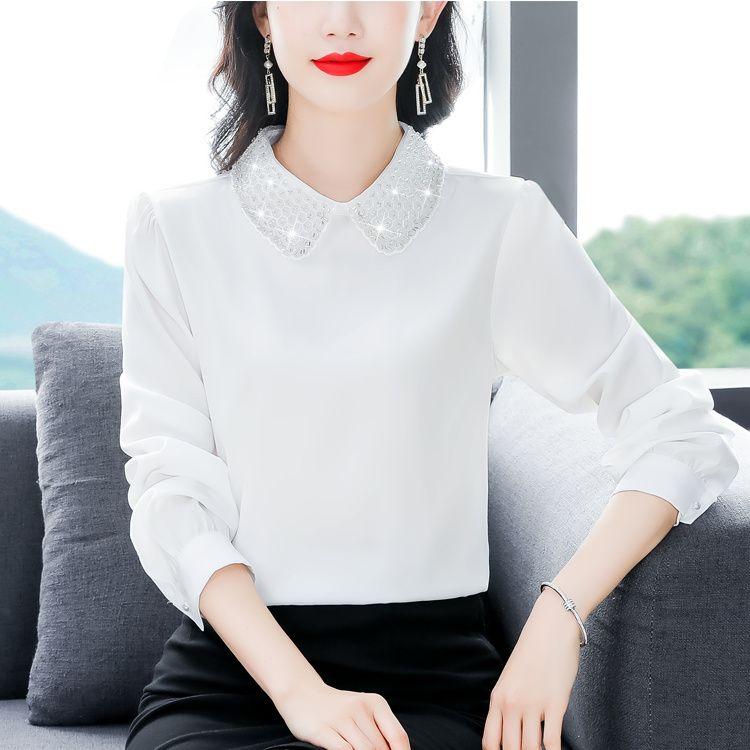 Elegant Rhinestone Long Sleeve Shirt Loose Fit Women Blouse Spring Autumn Trendy Plus Size Top Slimming