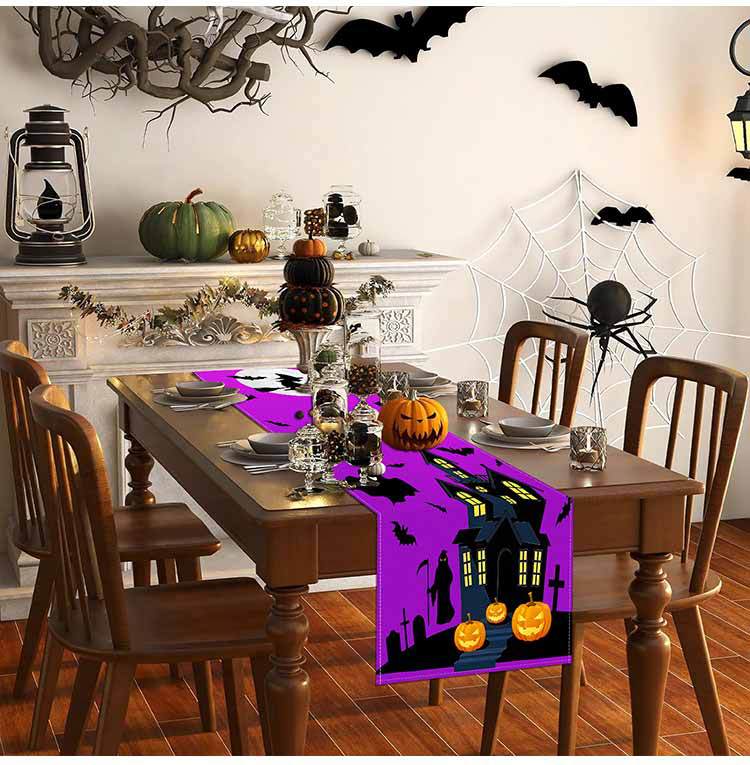 1pc Purple Halloween Table Runner with Castle Ghost Pattern Dustproof Durable Tablecloth for Halloween Dining Room Decoration