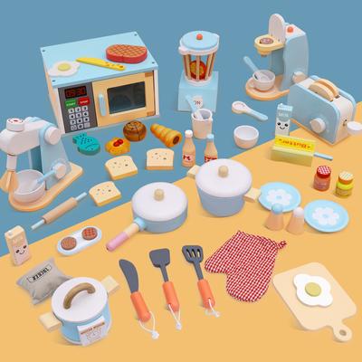 Haus spielen Holzküche Haushaltsgeräte Spielzeug Kinder Simulationsofen Brotbackautomat Entsafter Schneiden Musik Küchengeschirr