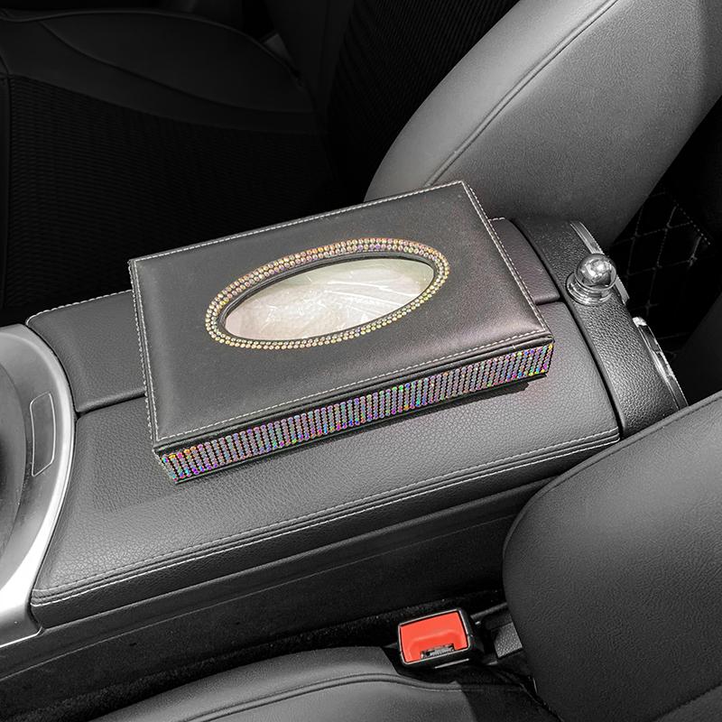 Diamond Crystal Car Tissue Box Luxury PU Leather Auto Paper Box Holder Cover Case Tray Car Accessories for Home Office Auto