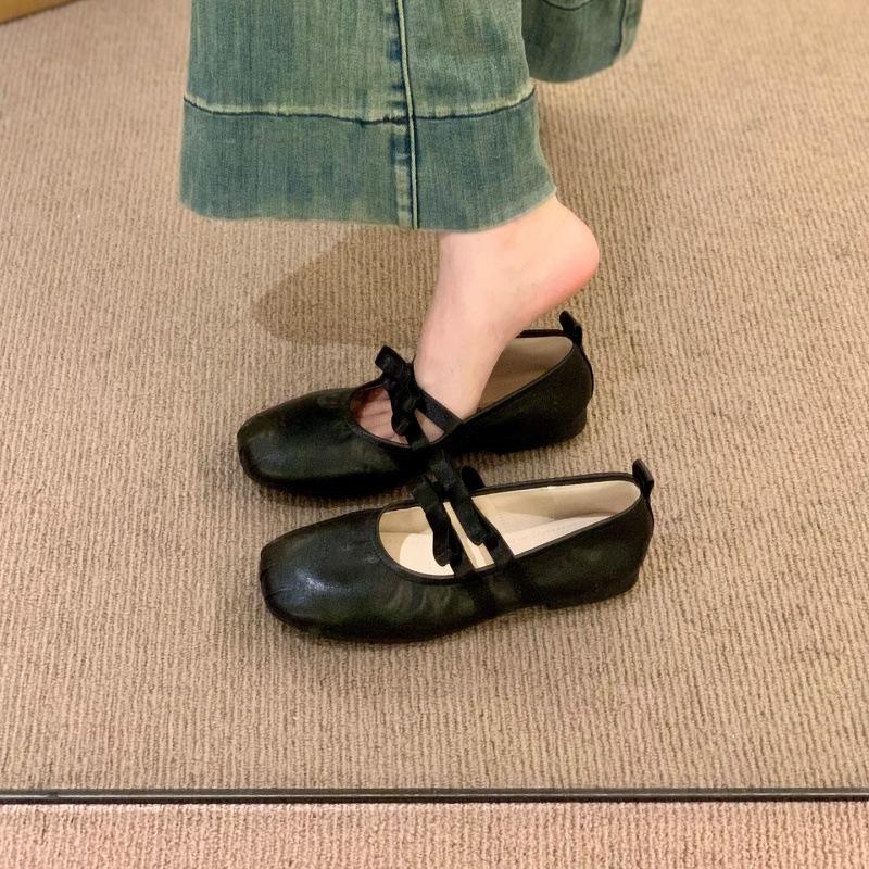 

French word with red Mary Jane flat shoes light mouth fairy Korean ballet soft leather casual grandma shoes 40 чёрный