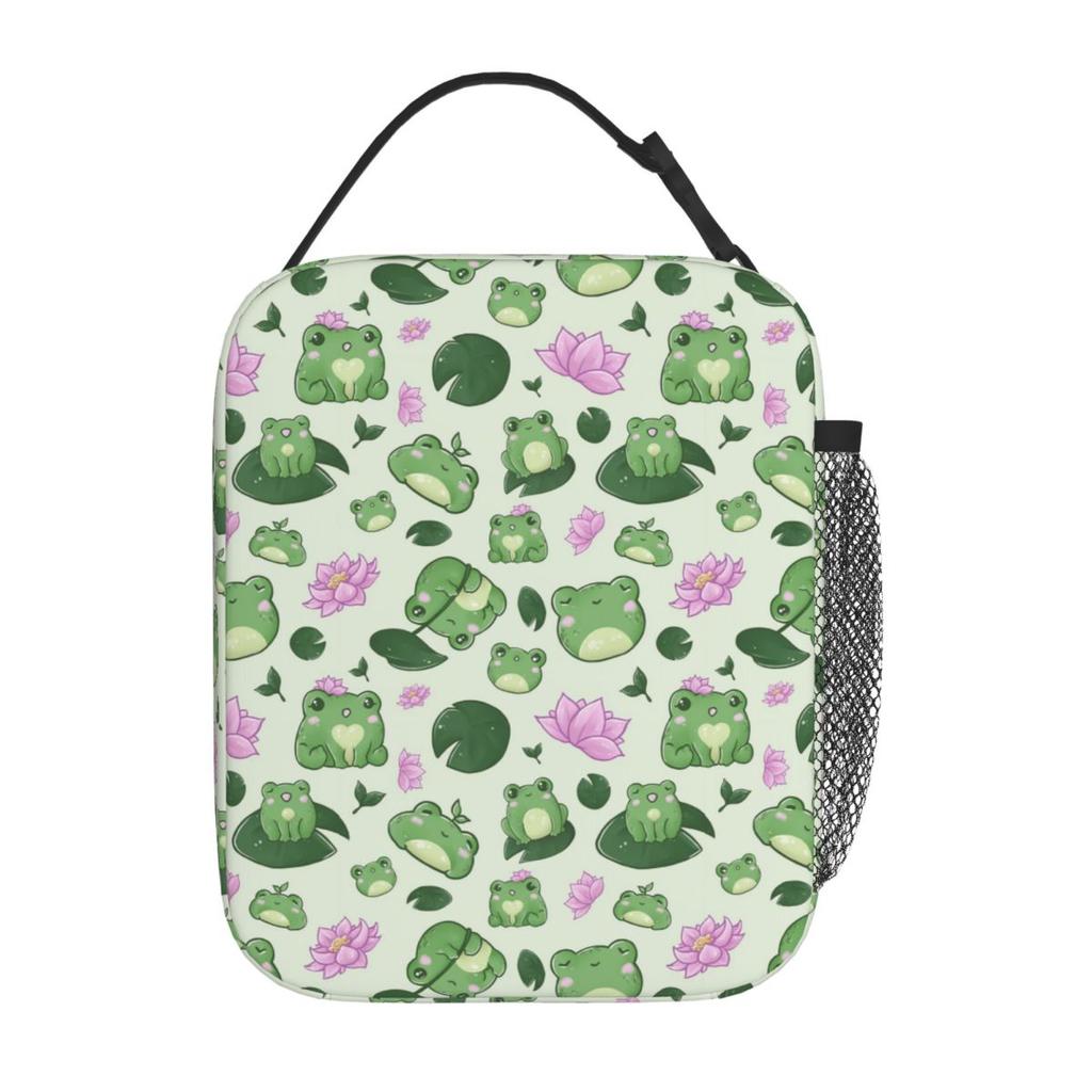 Cartoon Cute Frog Pattern On Lotus Leaves Insulated Lunch Bag for Women Kids Portable Food Boxes Thermal Lunch Box Tote