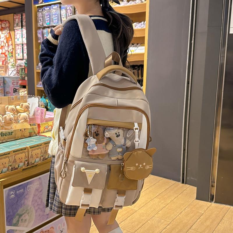 Large Capacity Student Schoolbag Women's Cat Pattern Backpack Color Contrast Backpack with Coin Purse