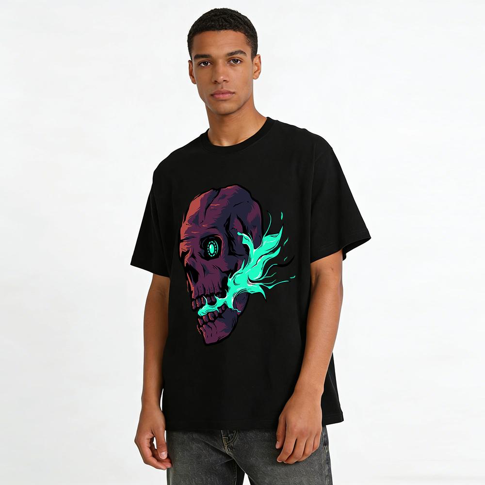 Cyberpunk Mechanisches Auge Totenkopf Flamme Grafik Lässiges T-Shirt Reines Baumwoll-T-Shirt