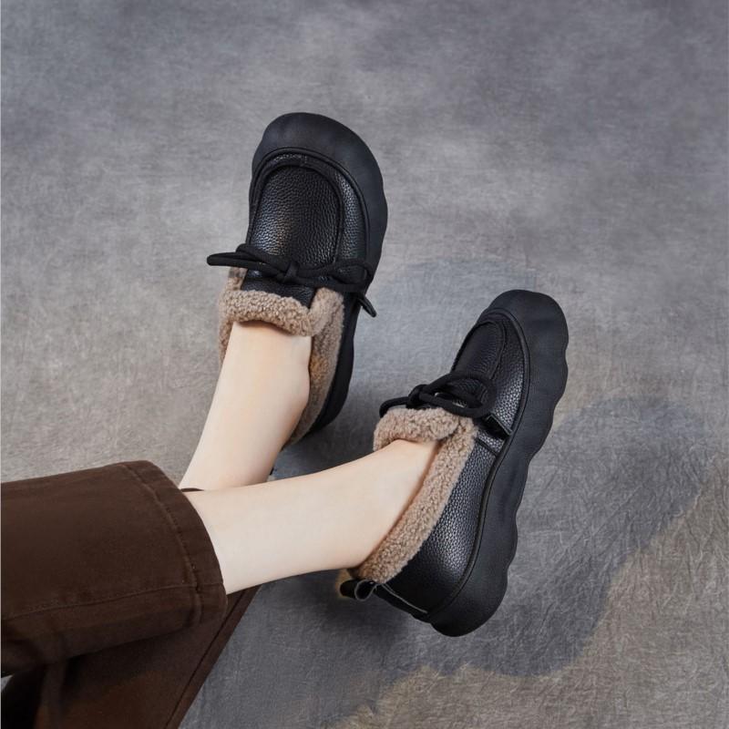 Johnature Plush Warm Loafers Thick Soled Casual Genuine Leather Versatile Round Toe Cotton Shoes