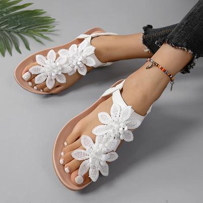 Weiße florale Sandalen Damen Zehenstegsandalen Flache Damen Sommerschuhe Lässige Schuhe Böhmische Blumen Slip-on Strandschuhe für Damen