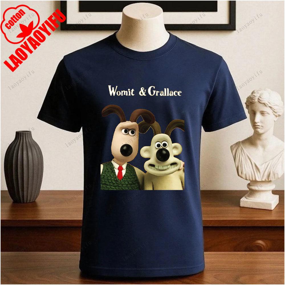 Wallace und Gromit Bedruckte T-Shirts Tops Cartoon und Anime Bedrucktes T-Shirt Sommer All-Match Mode Baumwoll-T-Shirt