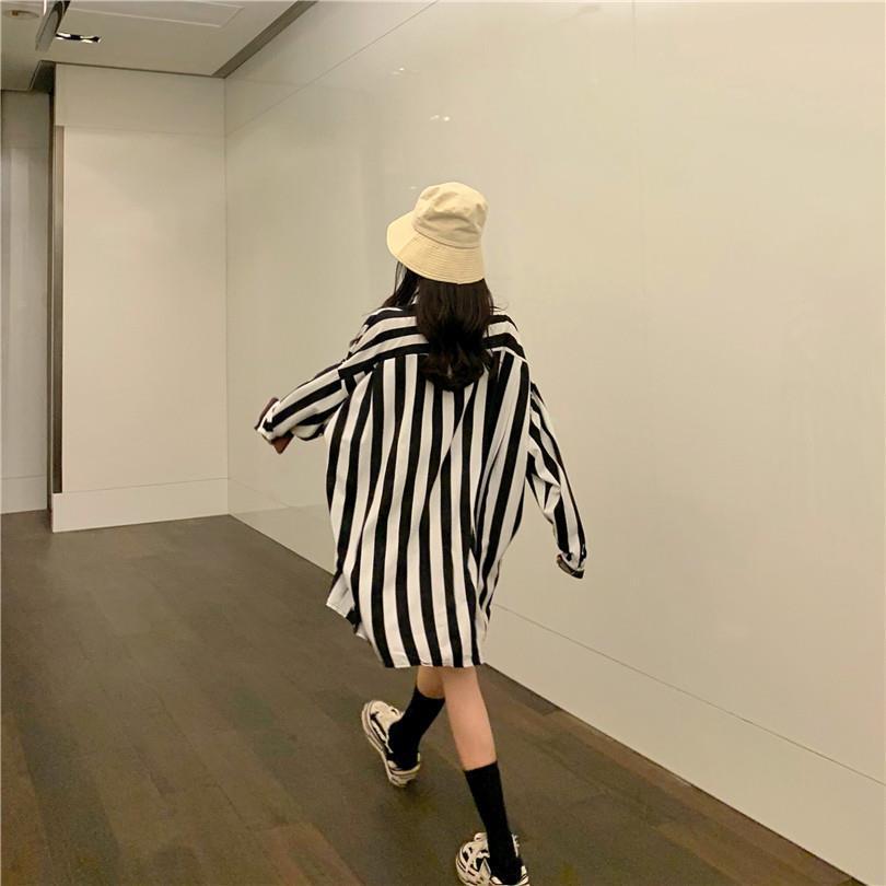 2023 Spring Korean Striped Women's Loose Long Sleeve Mid-length Shirt Jacket