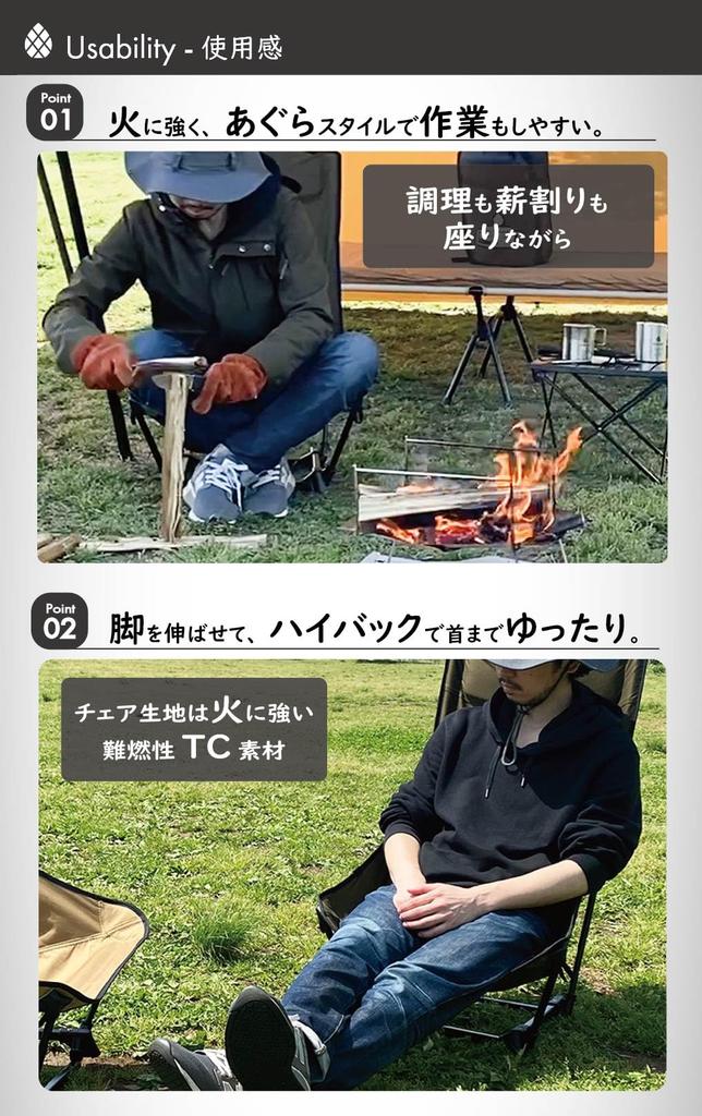 BOKKURY Outdoor-Stuhl, Niedriger Stuhl, Hohe Rückenlehne, Stuhl zum Beine übereinanderschlagen, Leichtgewicht 1,2 kg, Kompakt, Flammhemmendes TC-Material, Camping, Low Style (Schwarz)