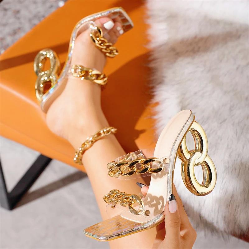Summer 2025 Fashion Metal Chain Slippers PVC Transparent Shoes Women Slides Style Chic Strange Fretwork Heels Modern Sandals