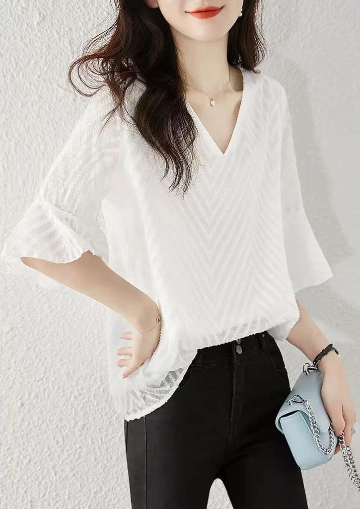 Blouse Summer Top Short Sleeve Flare Feminine Shirt Pullover Loose Fit Neat Stylish [H. zroy] Women's V-neck