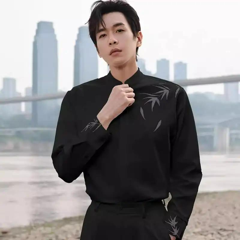 Men's White Bamboo Embroidery Stand Collar Long Sleeve Polyester Casual Shirt