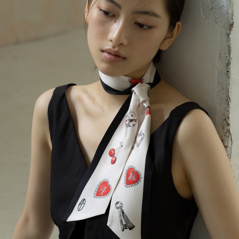 AVVINA PELLE Cherry Charm Long Twilly Silk Scarf - Cream