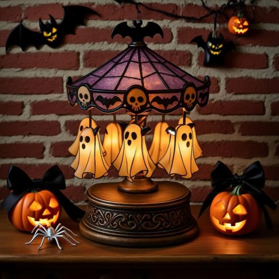Duchový kolotočové světlo Vitrážový kolotoč Noční světlo s plovoucím duchem Halloweenská stolní lampa na čtení do ložnice krbová římsa stolní dekorace