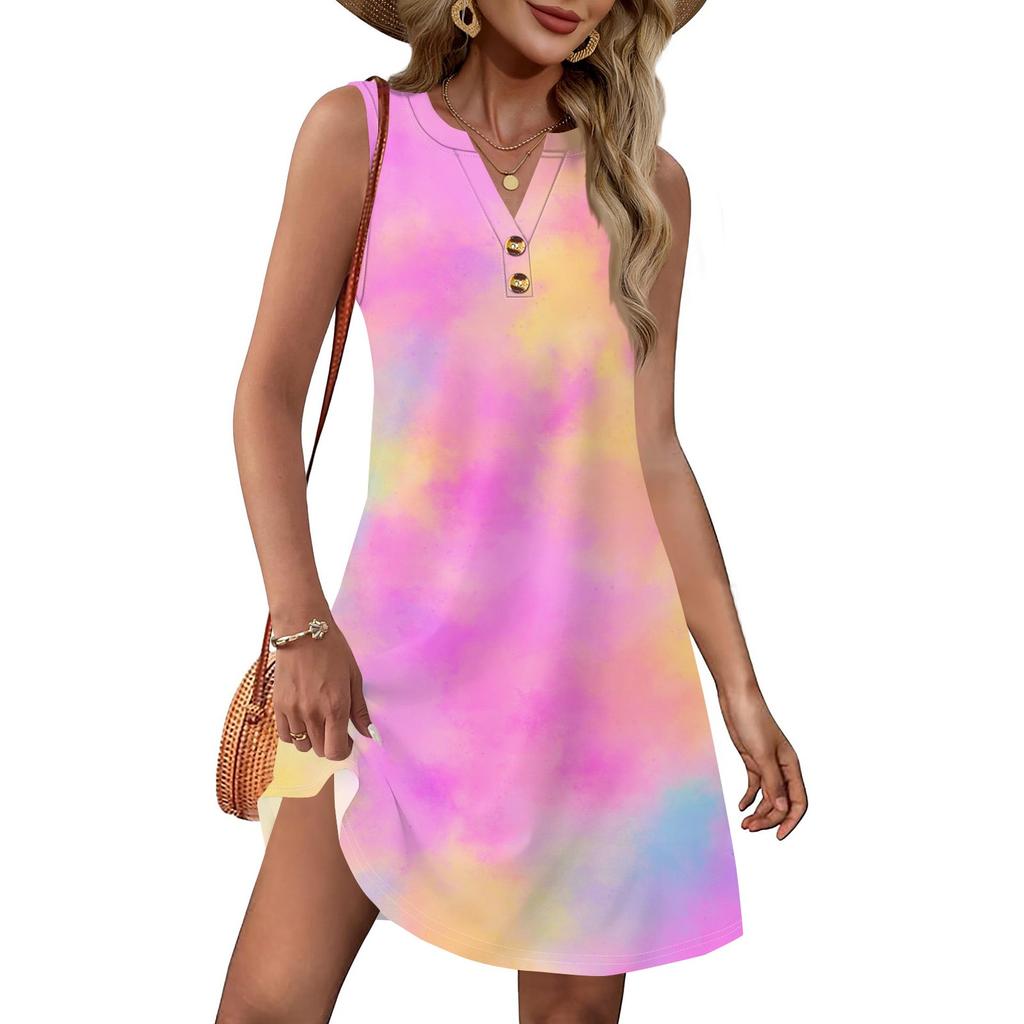 Ladies' Fashionable Gradient Print V-neck Button-down Pocket Vest Dress Beach Vacation Summer Dress