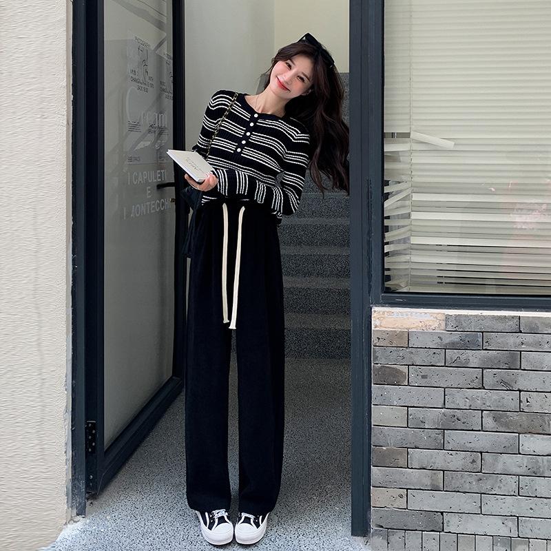 ! Maillard Wide-leg Pants Women's Spring and Autumn Trousers High Waist Loose Lace-up Straight Pants European Cotton Lint Sports Pants