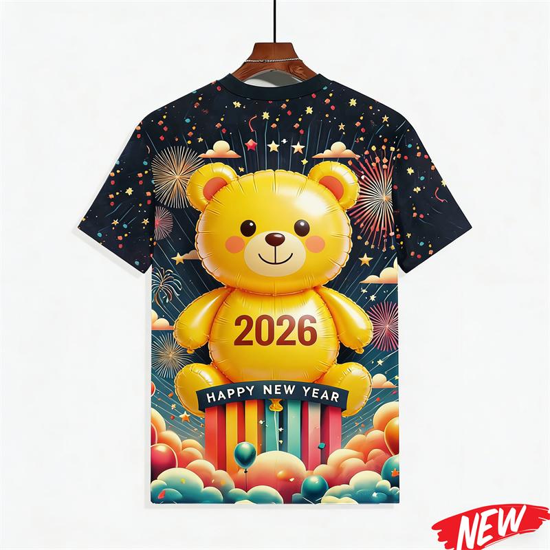 Men's T-shirt with colorful balloon and fireworks pattern, Happy 2026 New Year, short-sleeve holiday party family crew neck T-shirt