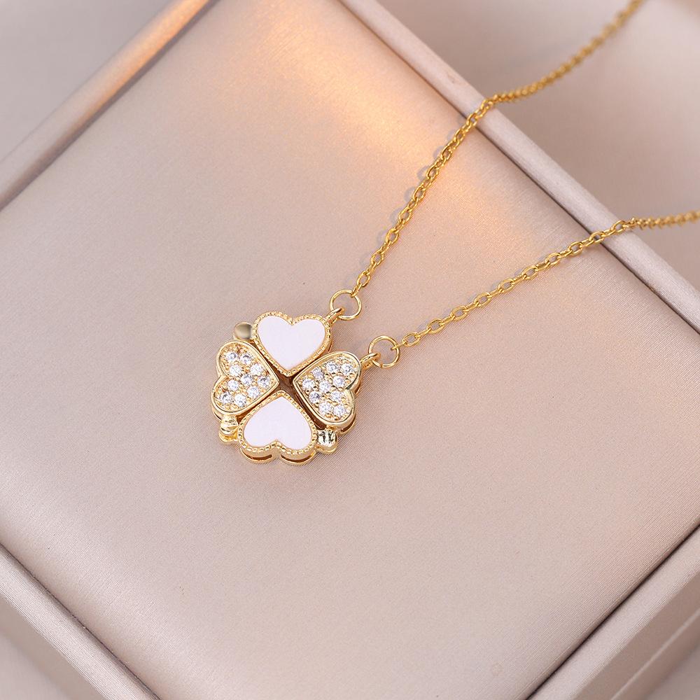 Women's Japanese Korean Folding Fashion Two-Wearing Four-Leaf Flower Heart-to-Heart Clavicle Necklace Zircon Copper Water-Wave