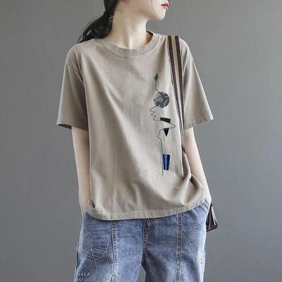T-shirt Estive da Donna a Maniche Corte Coreane Girocollo Stampate Geometriche Large Larghe Pullover Casual Top