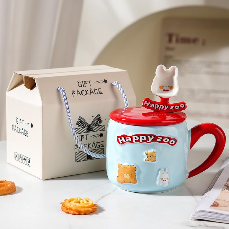 Creative High Value Ceramic Cup with Lid for Home Cute Couple Water Cup Gift Box High End Souvenir Gift Mug