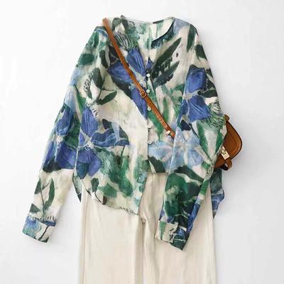Ramie Blend Printed Long Sleeved Shirt for Women Spring Autumn Blouse Loose V-neck Sun Protection Top