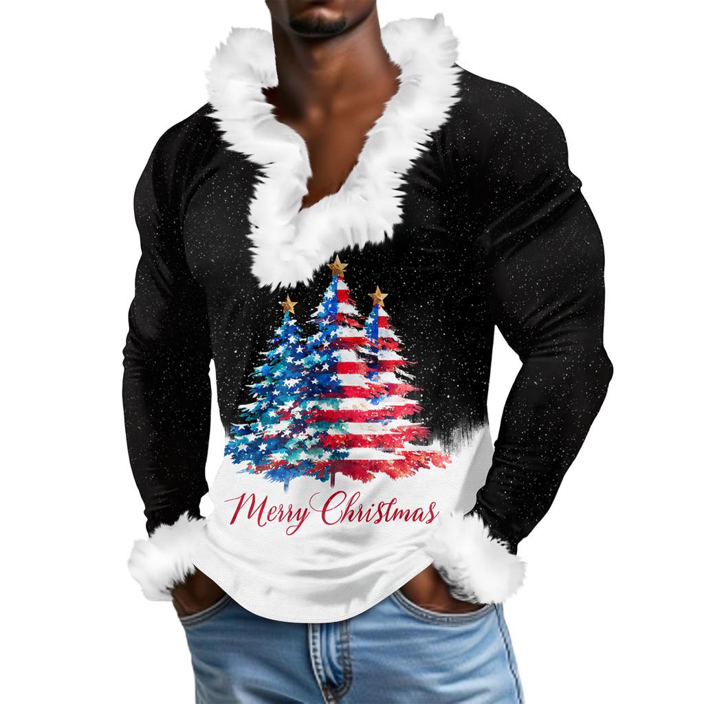 Pánská ležérní vánoční plyšová mikina s potiskem, s výstřihem do V a dlouhým rukávem z fleecu