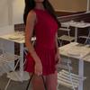 Vestido Mini Rojo Sólido Sin Mangas para Mujer Primavera Verano Dobladillo Escalonado con Volantes Vestido de Fiesta Bodycon