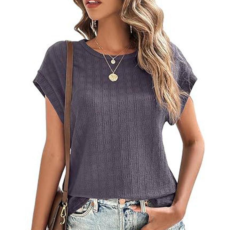 Ladies Summer Short Sleeve O Neck Solid Color Jacquard Plaid Pullover T Shirt Top