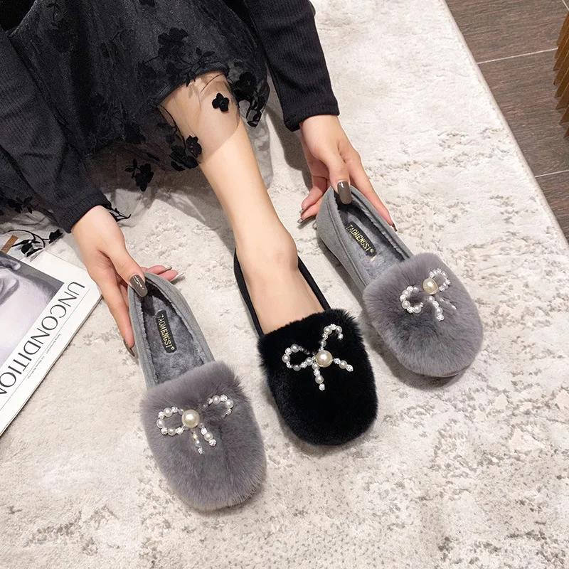 Fashion Thick Sole Round Toe Warm Plus Velvet Cotton Shoes Women Fashion Bow Tie Anti-slip Pearls Loafers Plus Size  Zapatillas 2025