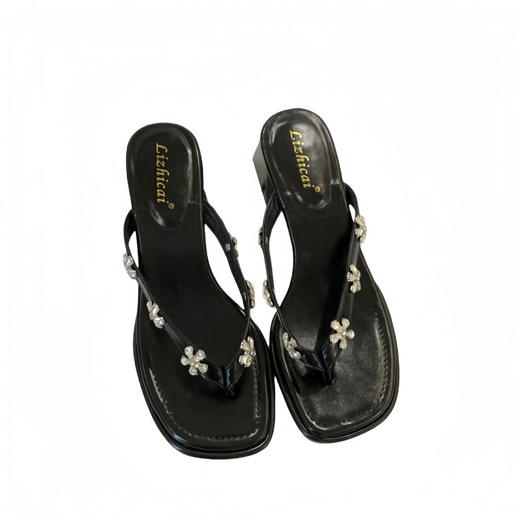 Fashion Square Heel Low Shoes Slippers Women Summer Shale Female Beach Slides Jelly Flip Flops Flip-Flops Pantofle Block Sabot Glitter H