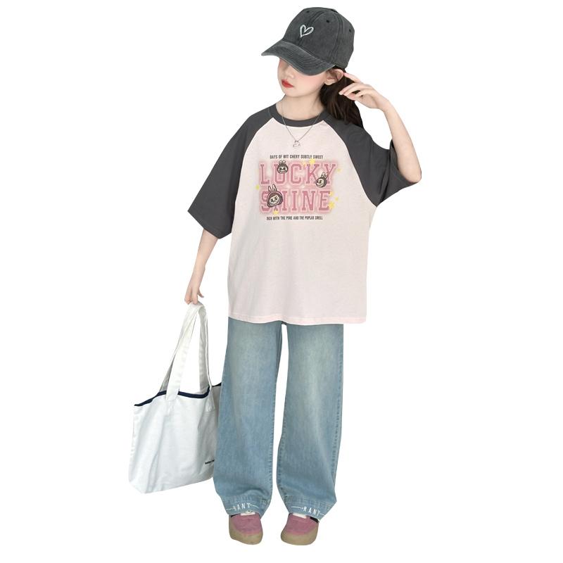 Girls' Short Sleeved Summer New Style Slimming Color Blocked Medium and Large Children's Stylish T-shirt Fashionable Pure Cotton Top