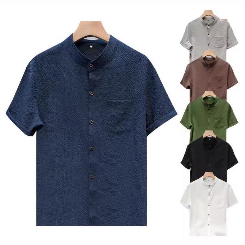 Summer Men's Shirt Short Sleeved Bubble Gauze Stand Up Collar