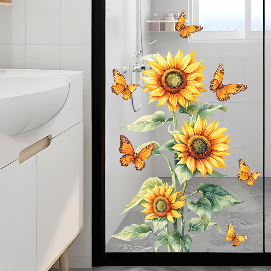 Sunflower Flower Bathroom Sliding Door Self-Adhesive Glass Sticker Home Decoration Wall Decal