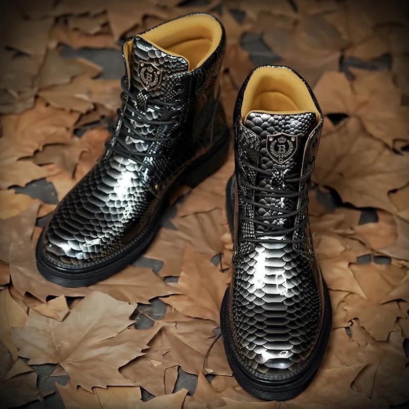 Genuine Leather Men's Boots Retro Snake Pattern Design Men's Chelsea Boots 2025 New Street Trend Shoes for Men Botas Para Hombre