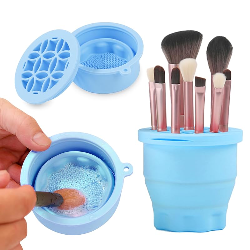 Makeup Brushes Cleaner Mat with Brush Storage Holder, Folding Portable Washing Tool for Makeup Brush Cleaning, 2 In 1 Silicone Brush Cleaner Pad &