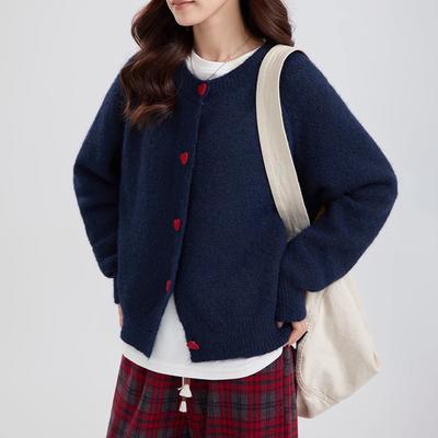 Cardigan a Maglia con Fibbia a Cuore Donna Autunno Inverno Versione Coreana Ampio Scollo Tondo Morbido Ceroso Giacca Maglione Top