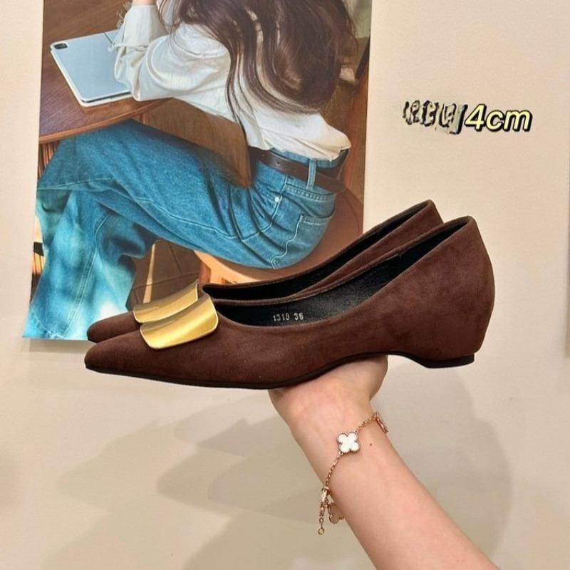 Metal Buckle Slip Inside Heightened Single Shoes Pointed Toe Suede Soft Sole Non-Slip Low Top Shoes