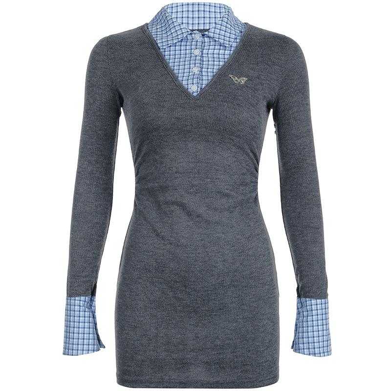 

Осеннее платье-рубашка из двух частей в студенческом стиле 2024 года с вышитым бантом и утягивающей юбкой. Small серый