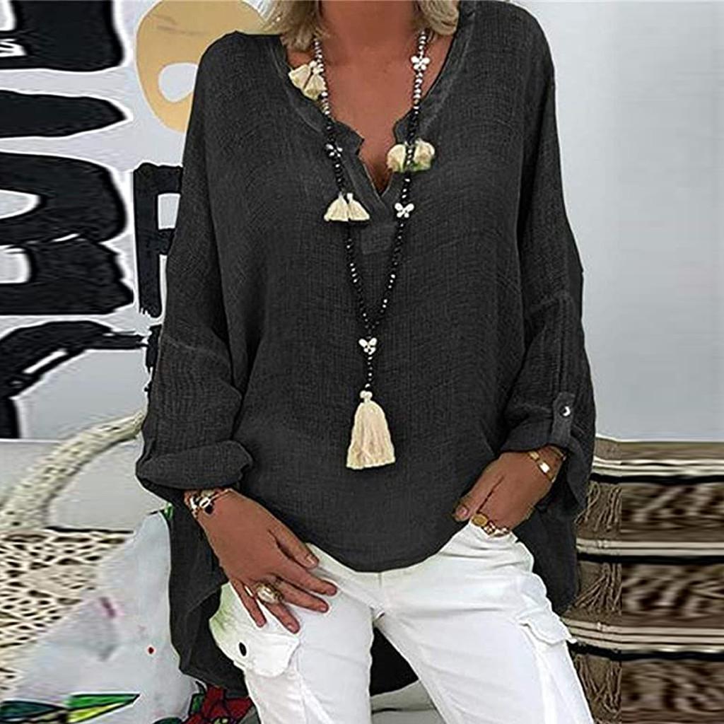 

Женский однотонный хлопковый льняной топ, повседневные свободные блузки с длинным рукавом, пляжные рубашки с V-образным вырезом, летняя весенняя туника на пуговицах M чёрный