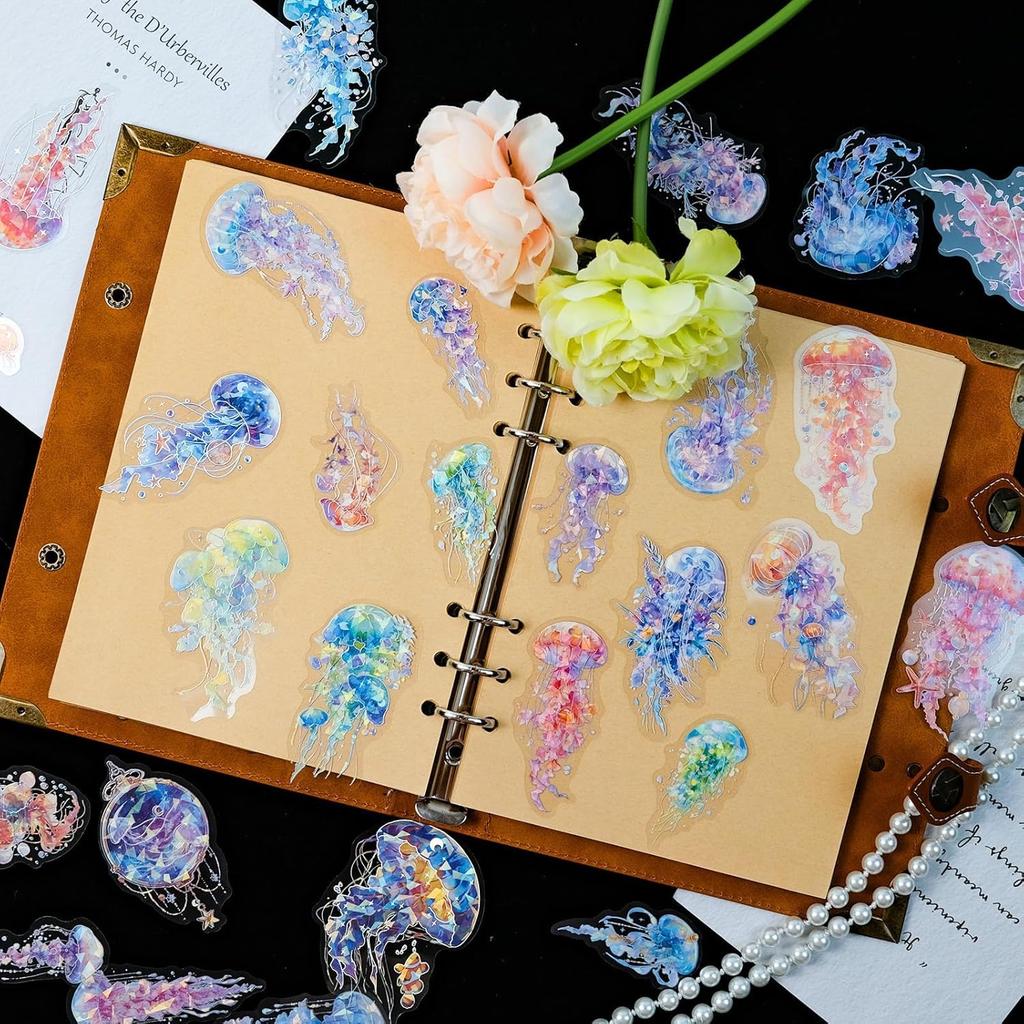 Of Rare Jellyfish Stickers Transparent Holographic Silver Foil Underwater Ocean Scrapbook Suitable for and Laptops 30-Pack - Stickers, Diaries,