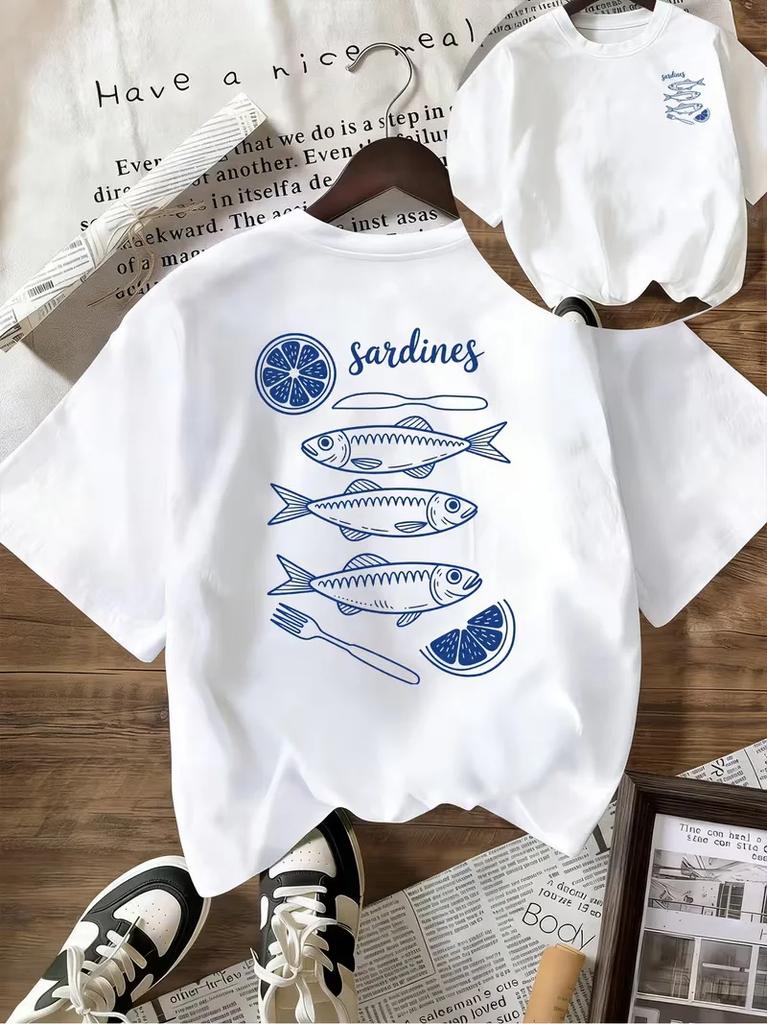 Stylish French Gourmet Sardines Print Tshirt Crew Neck Short Sleeve Loose Fit Casual Top Great For AllSeason Literary Wear
