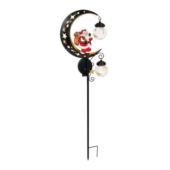 Holiday Path Stake Lights Santa Garden Light, Solar Powered Crescent Moon Lamp, Double Ornament Glass Globes, Christmas Waterproof Pathway