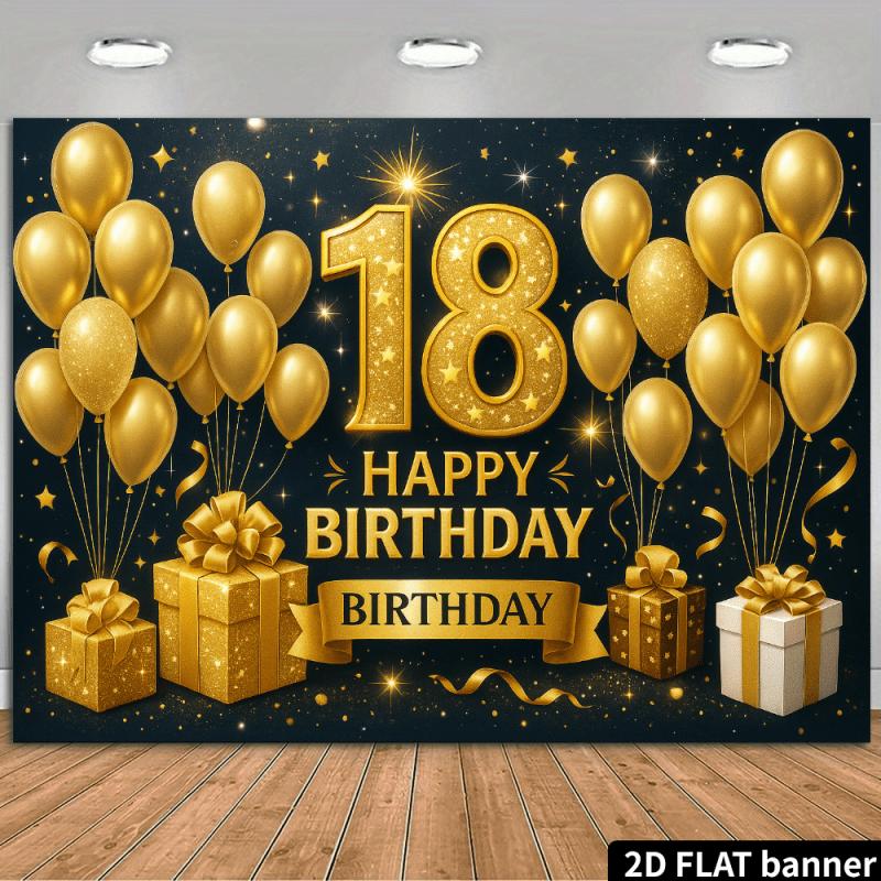 2D planar golden pattern birthday backdrop for 18-year-olds with black background and golden glittered numbers "18".PMJ