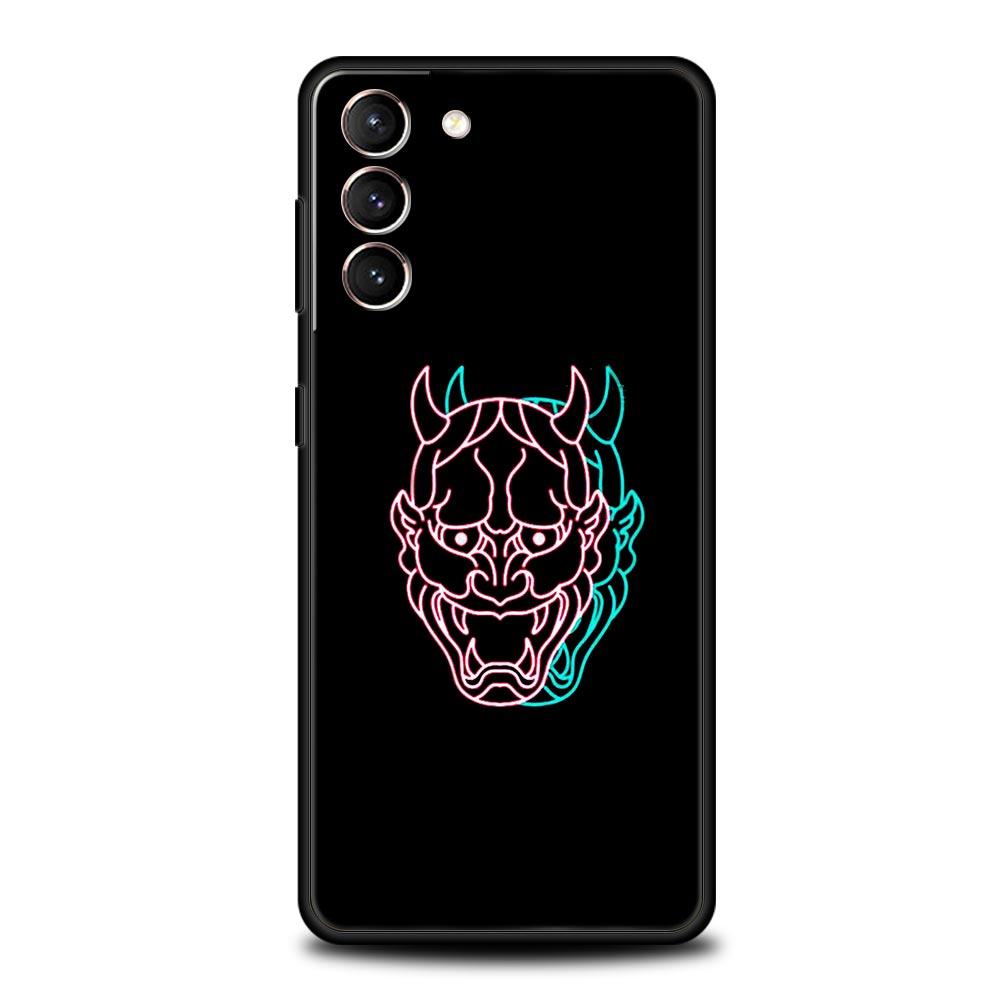 Samurai Oni Mask Neon Phone Case For Samsung Galaxy S24 S23 S22 5G S20 Ultra S21 FE S10 S9 Plus S10E S8 Lite 20 Soft TPU Cover