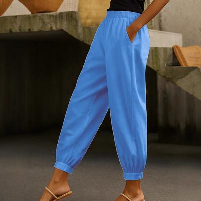 Calças Casuais Femininas de Moda Soltas de Cor Sólida com Cintura Elástica e Bolsos