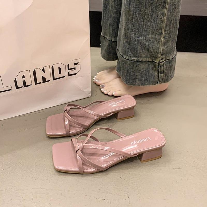 

Fashion New Style Fashion Women s Shoes Peep Toe Square Toe Women s Slippers Outdoor Stiletto Heel Cross Thin Strip Modern Slippers 40 фиолетовый