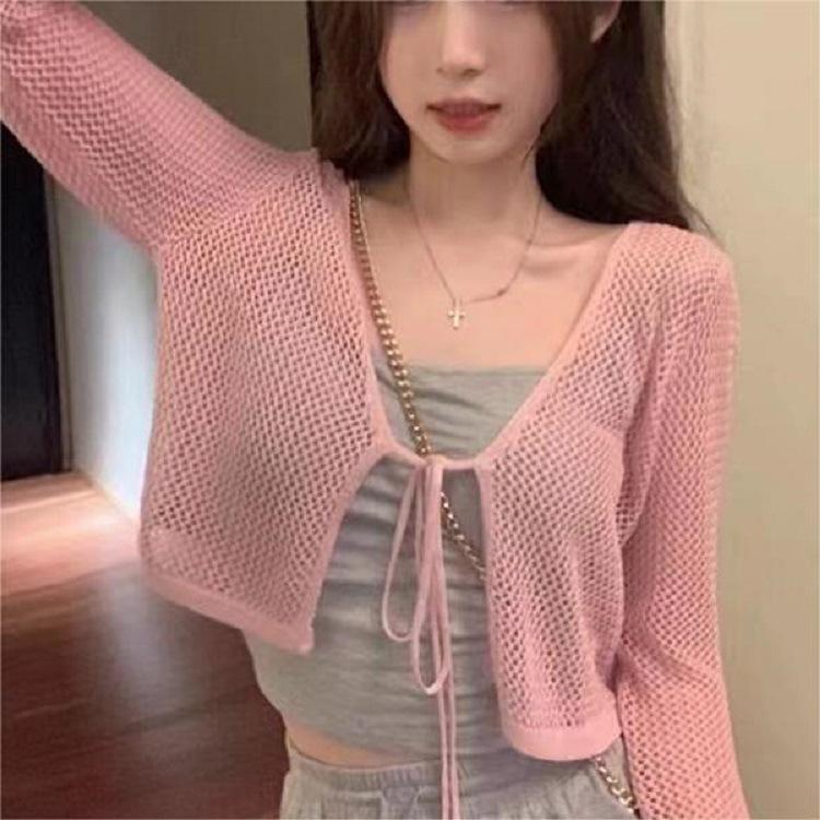 Summer thin French V-neck knitted cardigan fresh and sweet design lace-up hollow blouse short top women