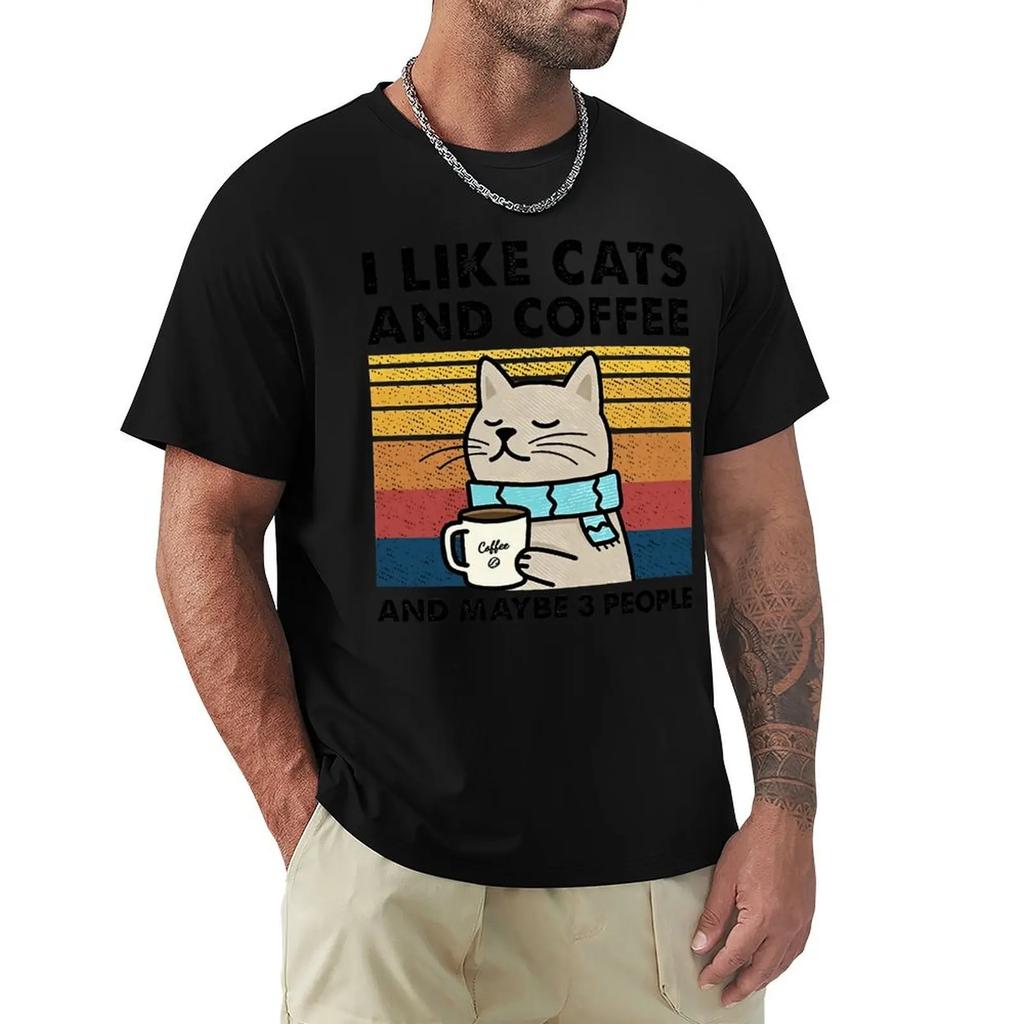 I Like Cats And Coffee Street Funny T-Shirt For Men Fashion Casual Loose Cotton Clothing Crewneck Breathable Tshirt Hip Hop Tees