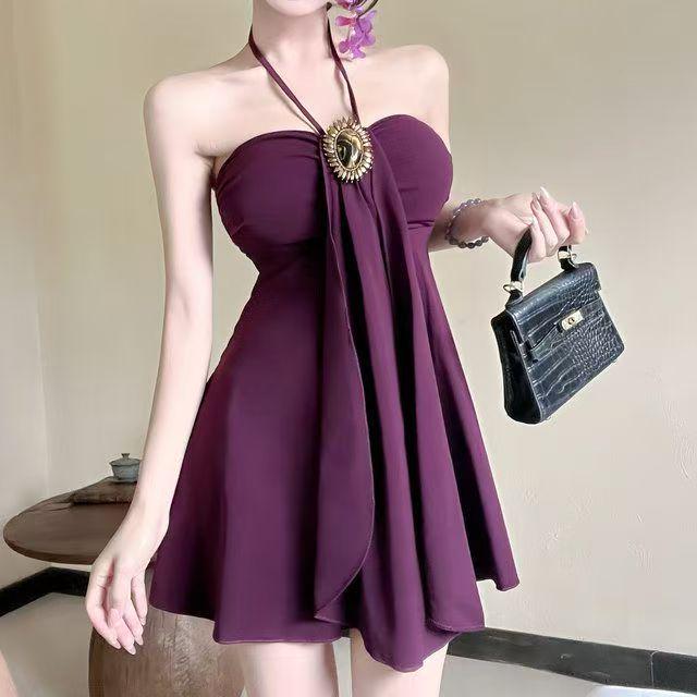 Elegant A-line Pleated Mini Dress - Strapless Halter Summer Style 2026 Large фиолетовый